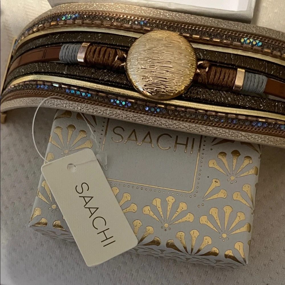 NIB Saachi Elegant Gold and Black Bangle Set Vegan Leather Brass Rhinestone - Picture 7 of 10